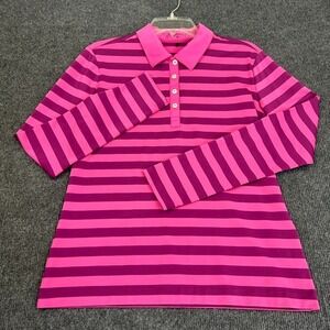 NIKE Golf Dri-Fit Women's Polo Shirt Medium Long Sleeve Pink Purple Rugby Stripe